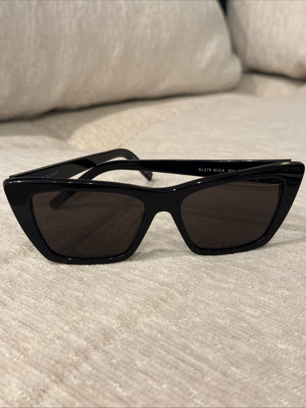 Saint Laurent Glossy Black Angular Cat-Eye Sunglasses with Dark Lenses